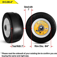 Load image into Gallery viewer, (2-Pks) New 8x3.00-4 Flat-Free Smooth Tires w/Steel Rim for Lawn Mowers &amp; Gardon Wheels - 3/4&quot; Bore 83004 T161
